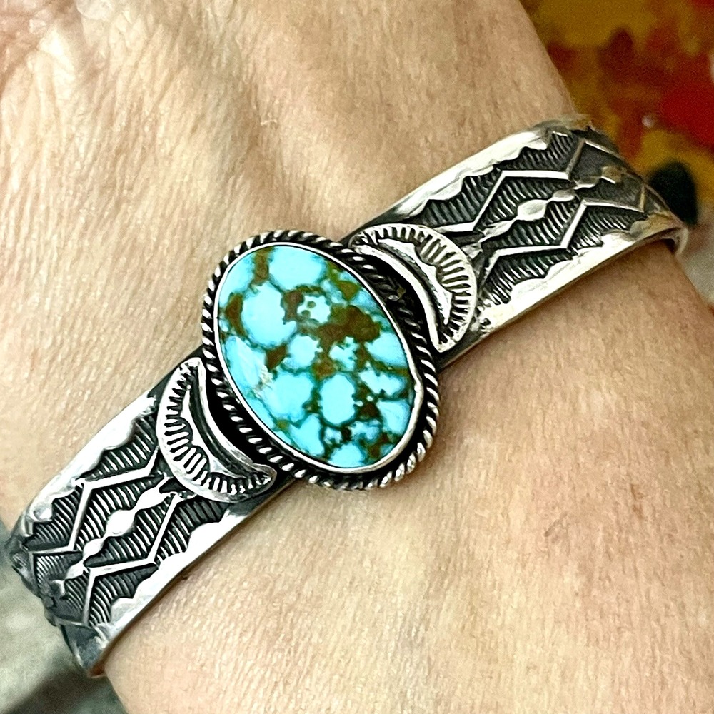 Navajo Turquoise Cuff Bracelet Sunshine Reeves 6.5in Signed 29g Hand Stamped USA